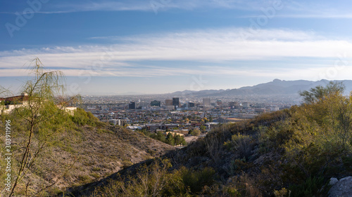 El Paso Texas Downtown USA with Juarez Mexico and Mountains in Background