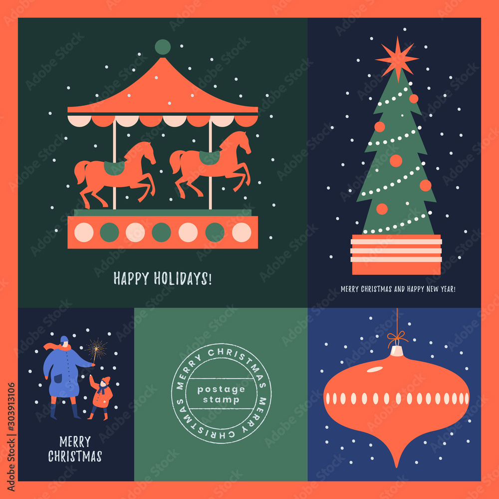 Fototapeta premium Collection of Christmas pictures with holiday symbols: Carousel with horses, decorated spruce, Christmas tree toy. Templates holiday banners and greeting card. New year design for a print poster.
