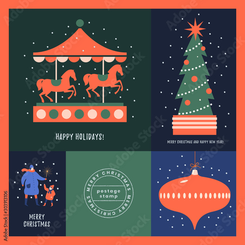 Collection of Christmas pictures with holiday symbols: Carousel with horses, decorated spruce, Christmas tree toy. Templates holiday banners and greeting card. New year design for a print poster.
