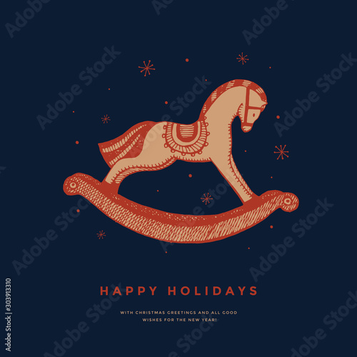 Traditional wooden engraving style rocking horse toy. Christmas holiday decor. Template for greeting cards for the winter vacations. Vector seasonal illustration.