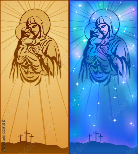 Blessed Virgin Mary, Jesus Christ, blessing, Christianity, Vector illustration