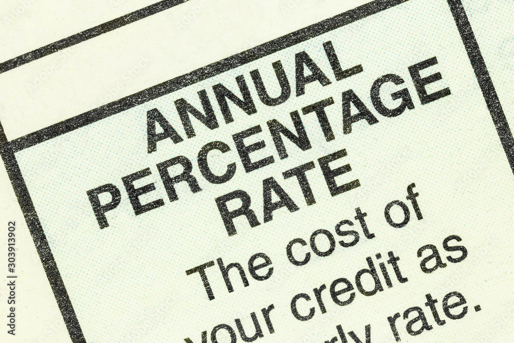 Close up macro view of annual percentage rate detail in the standard federal truth in lending section on an automobile purchase form.