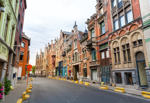 Empty street, ancient building facades, Europe