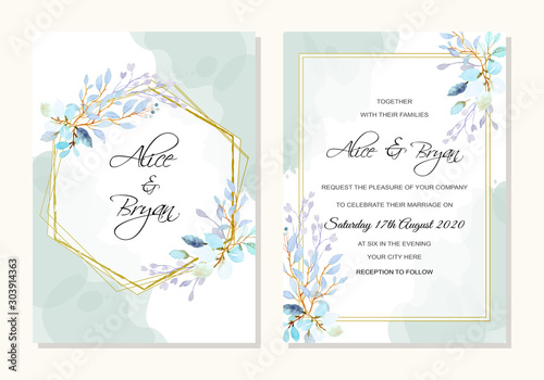 wedding template with watercolor leaves