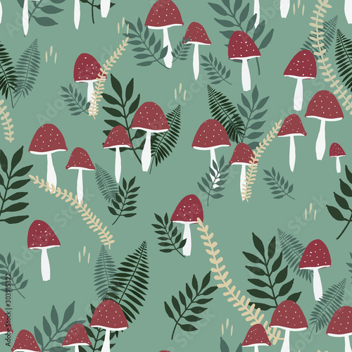 Seamless pattern with mushrooms and leaves