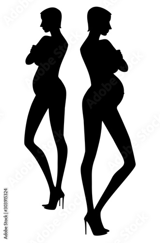Exquisite silhouette of  pregnant woman in high heels shoes with her arms crossed. Vector image