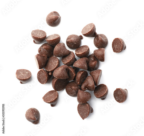 Pile of delicious chocolate chips isolated on white, top view