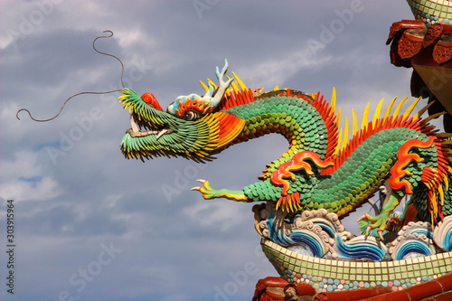 A traditional Chinese dragon decoration on top of a Taiwanese Temple  Taiwan.