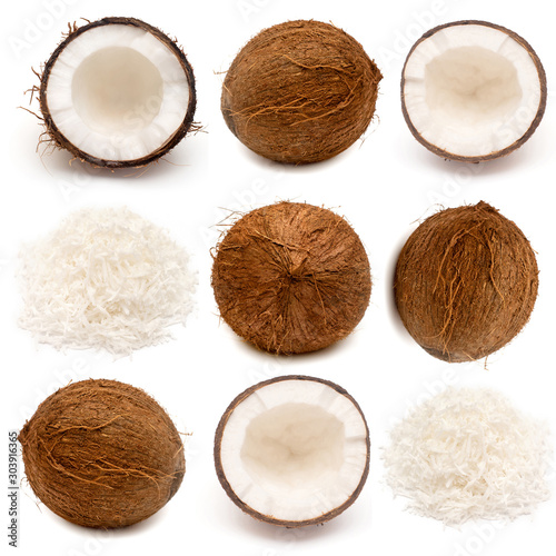 Coconut collection chips, whole and half isolated on white background. Tropical, palm. Flat lay, top view