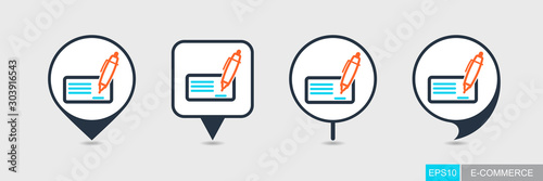 Blank bank check, pen and signature pin map icon