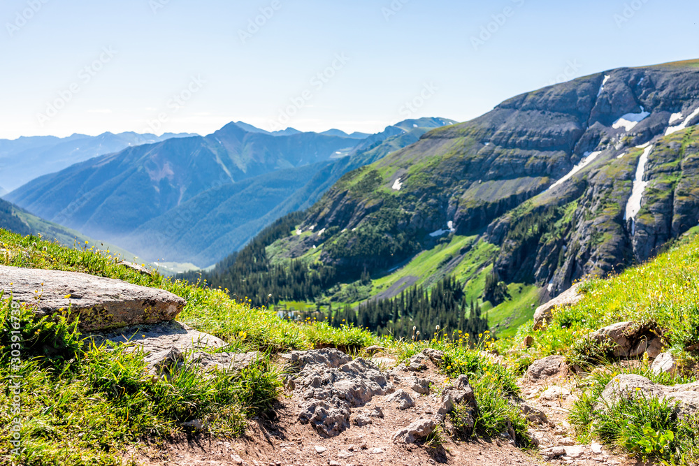 High angle view of valley with steep rocky trail footpath down from Ice lake near Silverton, Colorado in August 2019 summer
