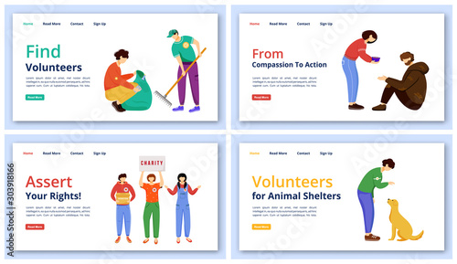 Voluntary activities landing page vector templates set. Charity website interface idea with flat illustrations. Social care and support homepage layout. Volunteer work web banner cartoon concept