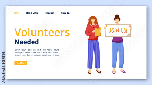 Volunteers needed landing page vector template. Charity website interface idea with flat illustrations. Community service homepage layout. Social agitation web banner, webpage cartoon concept
