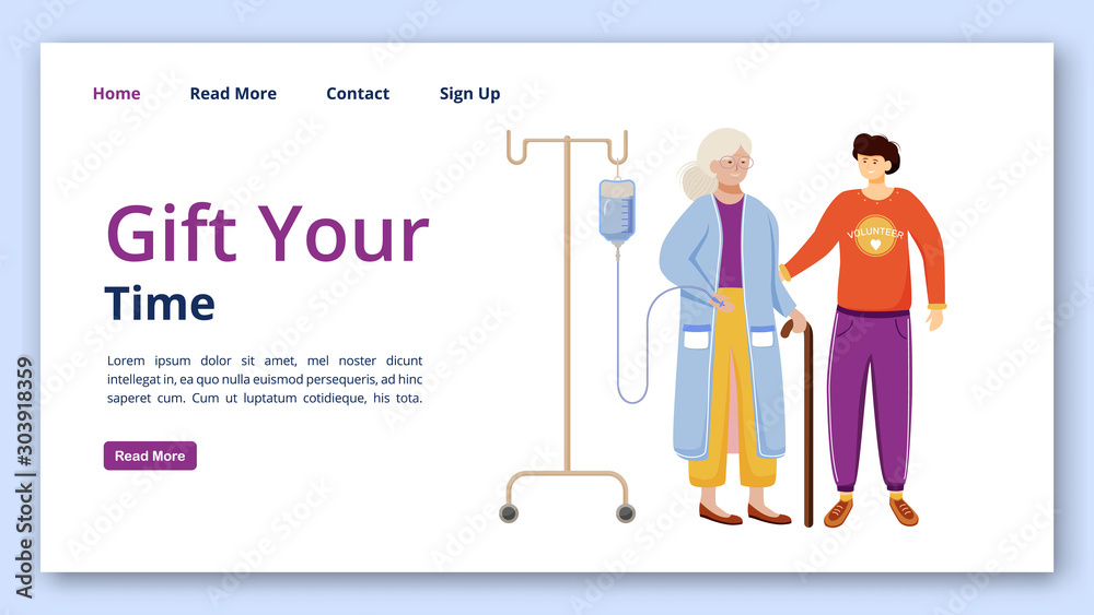 Gift your time landing page vector template. Charity website interface idea with flat illustrations. Nursing home homepage layout. Elderly people care web banner, webpage cartoon concept