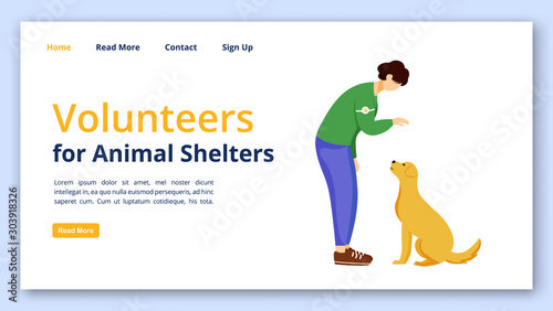 Volunteers for animal shelters landing page vector template. Charity website interface idea with flat illustrations. Voluntary work homepage layout. Pet adoption web banner, webpage cartoon concept