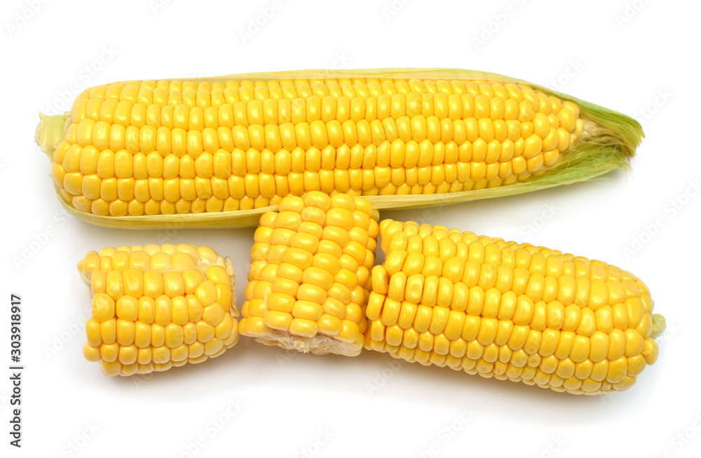 Corn isolated on white background. Top view, flat lay Corn isolated on white background. Top view, flat lay