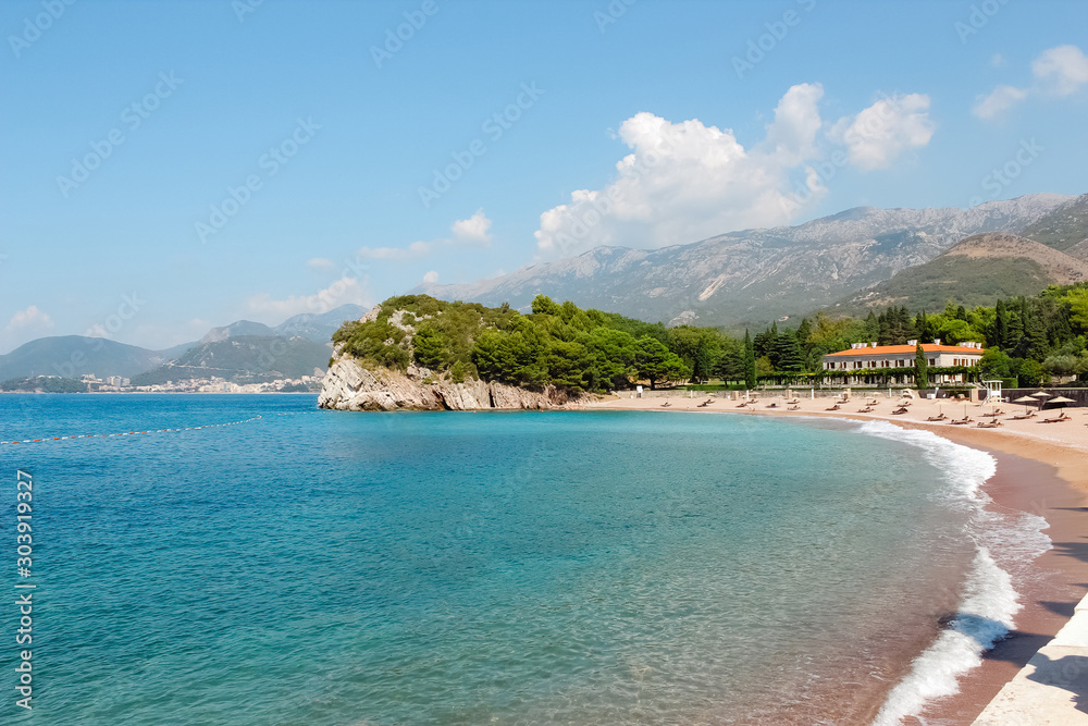 Beach near the island Sveti Stefan. Montenegro.