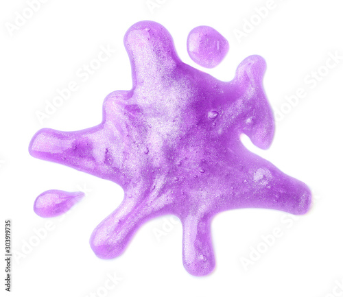 Splash of violet slime isolated on white, top view. Antistress toy