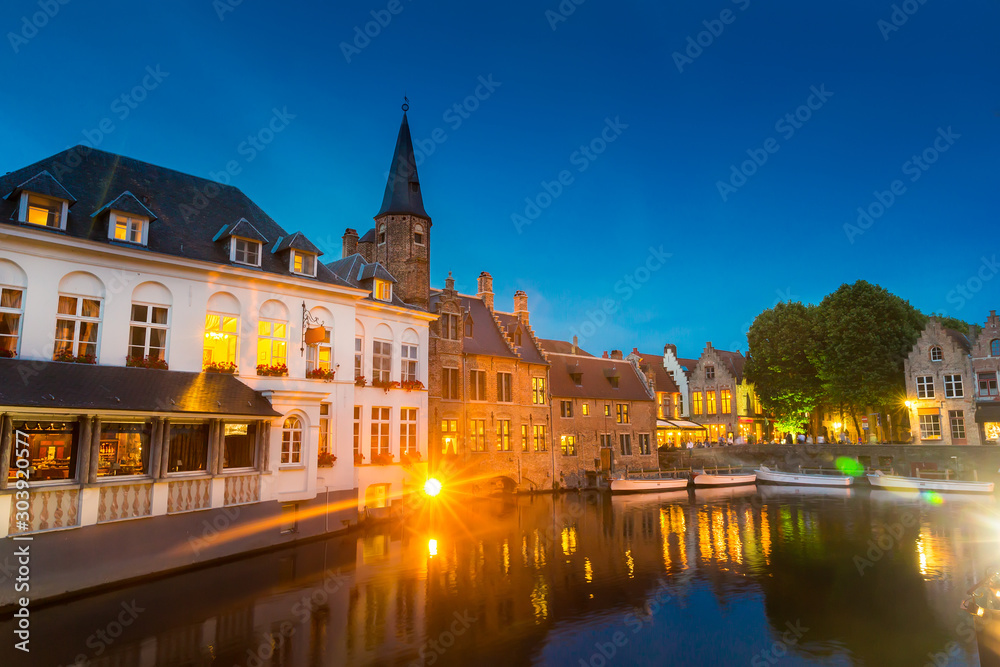 Belgium, Brugge, old European town, night view