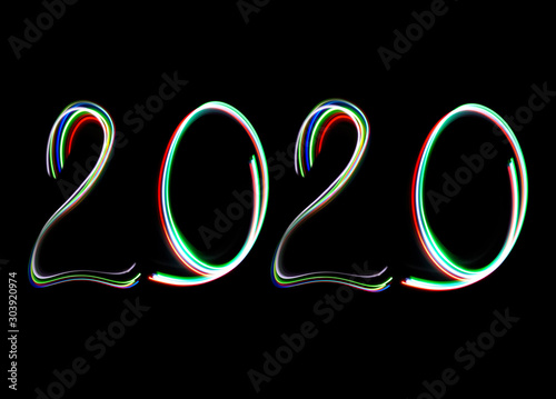  2020 happy new year symbol design. illustration with abstract colorful lights isolated on black background.