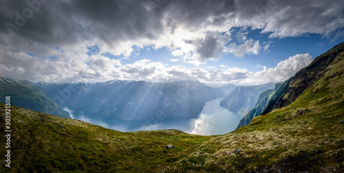 Aurlandsfjord panorama in glorious sunshine at a cloudy day Norway photo