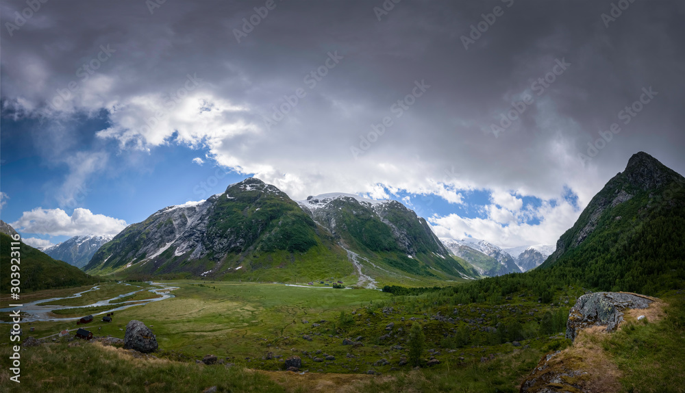 Glacier national park panorama of green and river mountain valley Norway