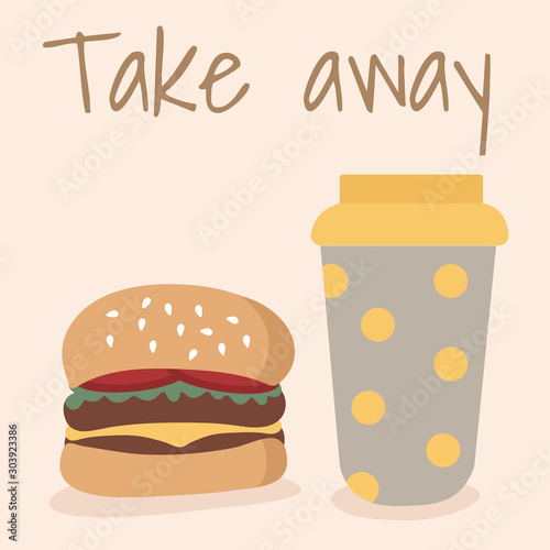 Burger and a cup of coffee. Glass of Polka Dot Coffee.Tasty food.Coffee to go.Take away