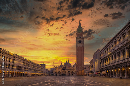 Scenic view of Piazza San Marco with dramatic colorful sky, Venice, Italy