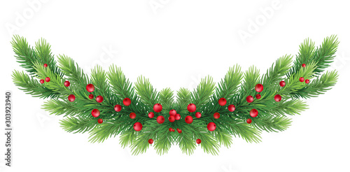 ornament for New Year winter holiday. garland with branches of spruce and holly. Long winter christmas frame.