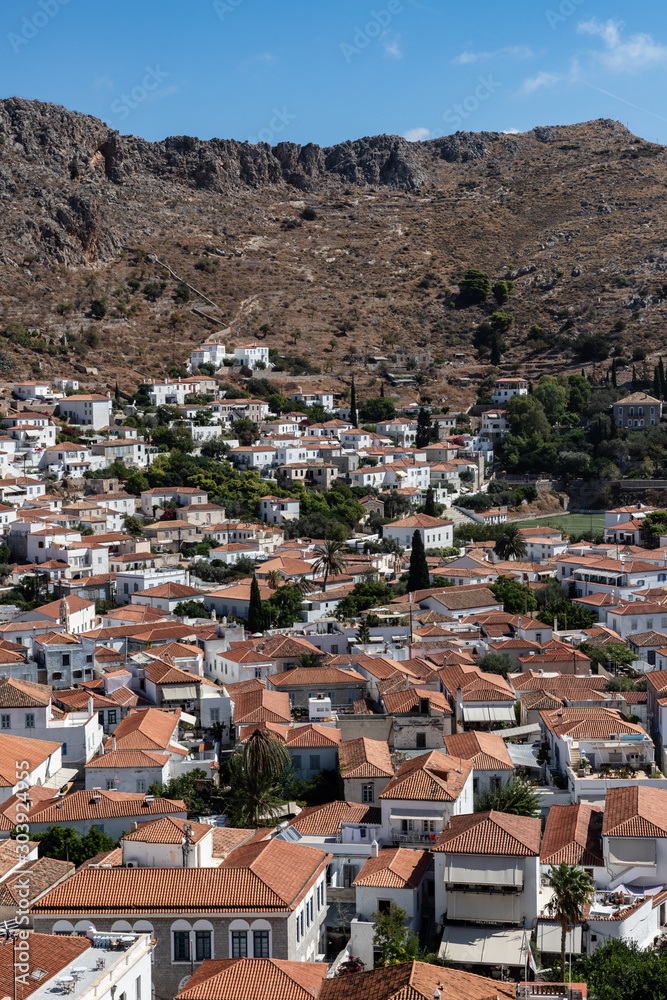 City view with  Traditional buildings in Hydra Island