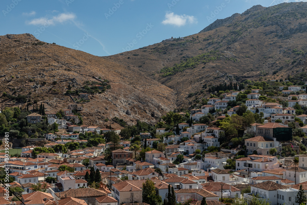 City view with  Traditional buildings in Hydra Island