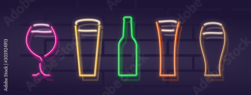Neon beer glass icons. Isolated icons for menu, post, pub or bar advertisement. Illustration on brick wall background.