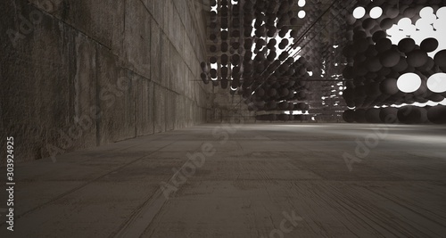 Abstract architectural concrete beige interior from an array of brown spheres with neon lighting. 3D illustration and rendering.