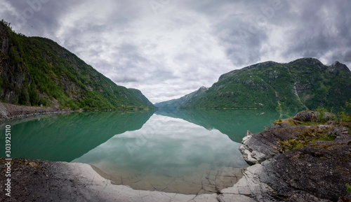 Wide panorama of glacial fed lake Norway