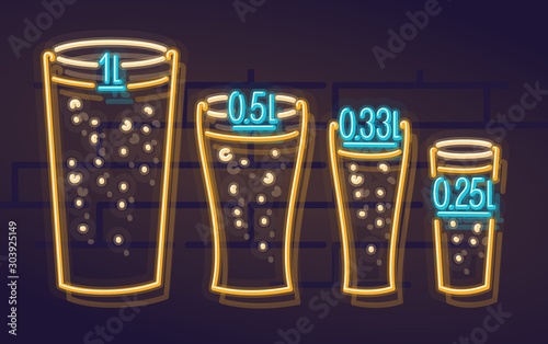 Neon beer sizes icons set. Night illuminated wall street pub or bar sign. Illustration on brick wall background for bar menu.