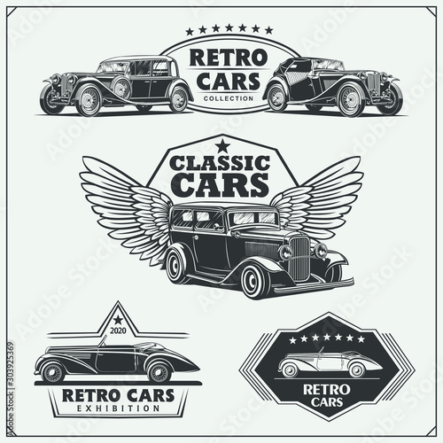 Vintage cars set. Retro cars garage. Classic muscle cars labels, emblems and design elements.