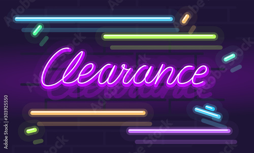 Neon handwritten clearance sign with sparks. Square line art style neon illustration on brick wall background.
