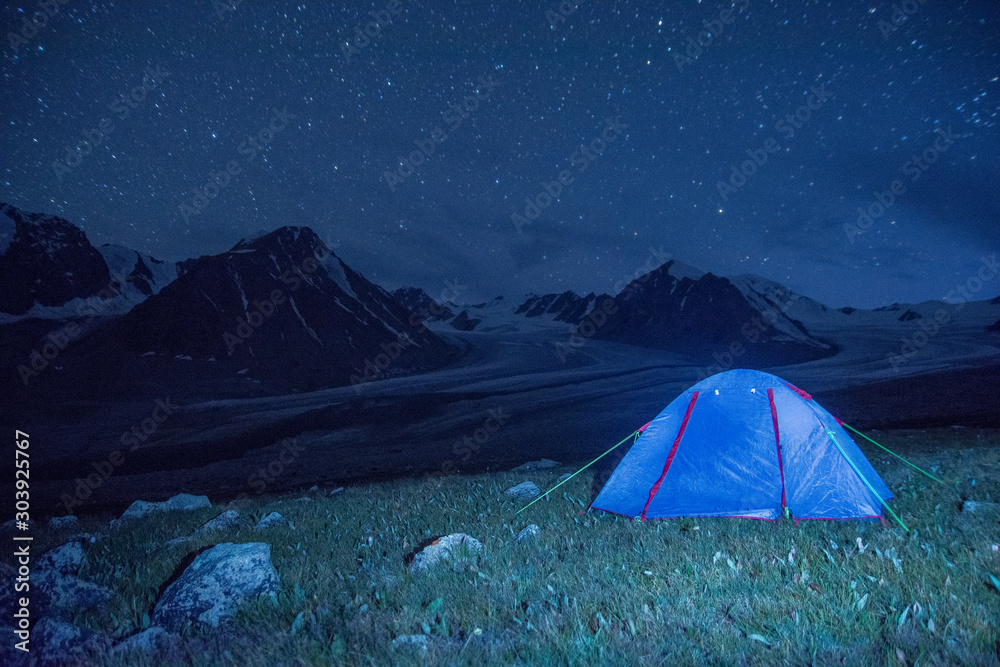 tent under the night sky in Altai mountains, Mongolia