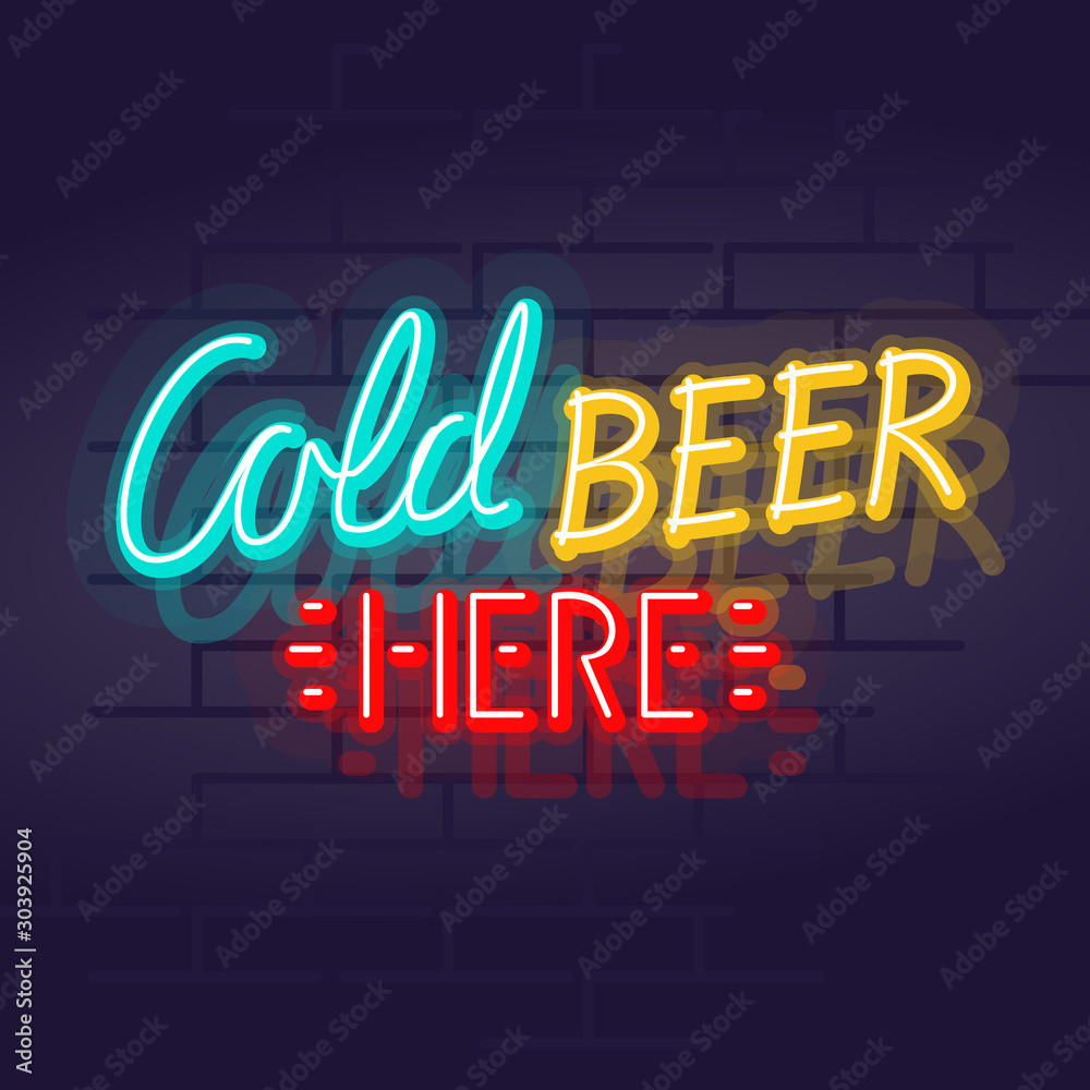 Neon cold beer here typography. Night illuminated wall street pub or bar sign. Square illustration on brick wall background for social networks.