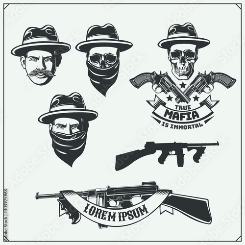 Set of gangsters and mafia emblems, labels and design elements. Street wars elements, guns and skulls.