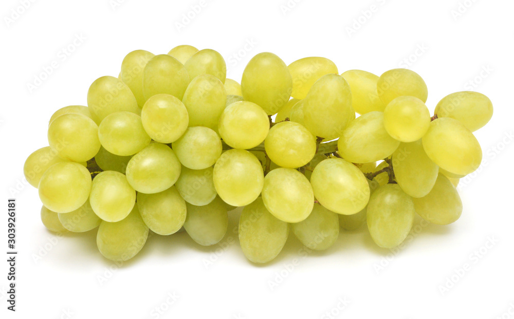Fresh green grapes branch isolated on white background. Creative concept of fruit. Flat lay, top view Fresh green grapes branch isolated on white background. Creative concept of fruit. Flat lay, top view