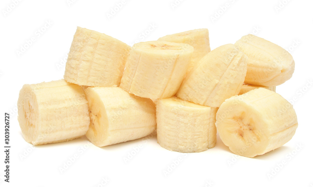 Banana slice isolated on white background. Top view, flat lay