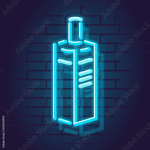 Neon gin bottle. Classic english blue bottle drink for poster or social image. Night illuminated wall street sign. Isolated geometric style illustration on brick wall background.
