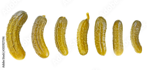 Pickled cucumbers isolated on a white background, top view. Cornichons. photo