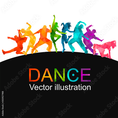 Detailed vector illustration silhouettes of expressive dance colorful group of people dancing. Jazz funk, hip-hop, house. Dancer man jumping on white background. Happy celebration