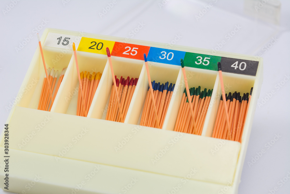 guttapercha pins in a set of different sizes for root canal filling