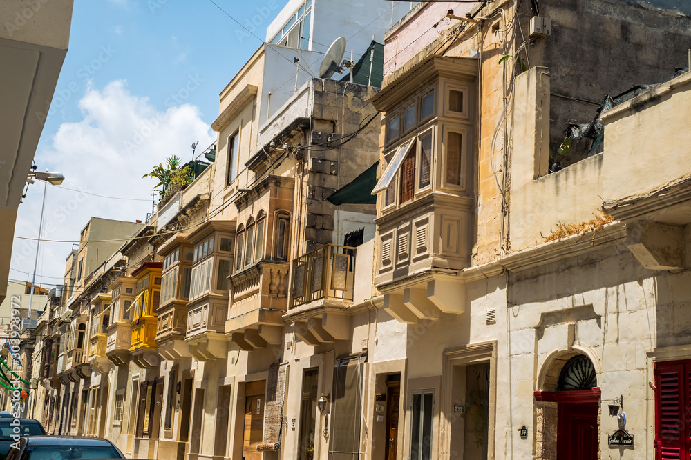 Sliema Malta, July 16 2019. Traditional Maltese architecture in Sliema Old Town in Malta, street with traditional balconies and old buildings in historical city of Malta.