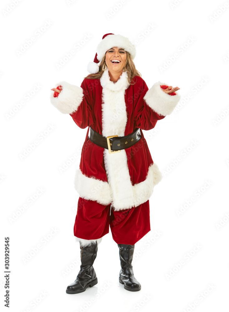 Santa Girl Looks To Camera With Smile Shrugging Santa Girl Looks To Camera With Smile Shrugging