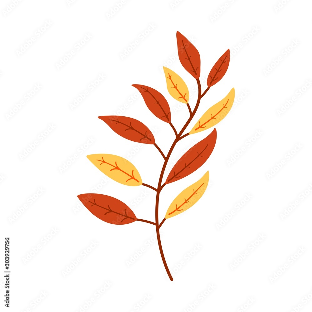 Autumn sprig with brown and yellow leaves simple illustration. Autumn leaf icon in flat style on white background vector Autumn sprig with brown and yellow leaves simple illustration. Autumn leaf icon in flat style on white background vector