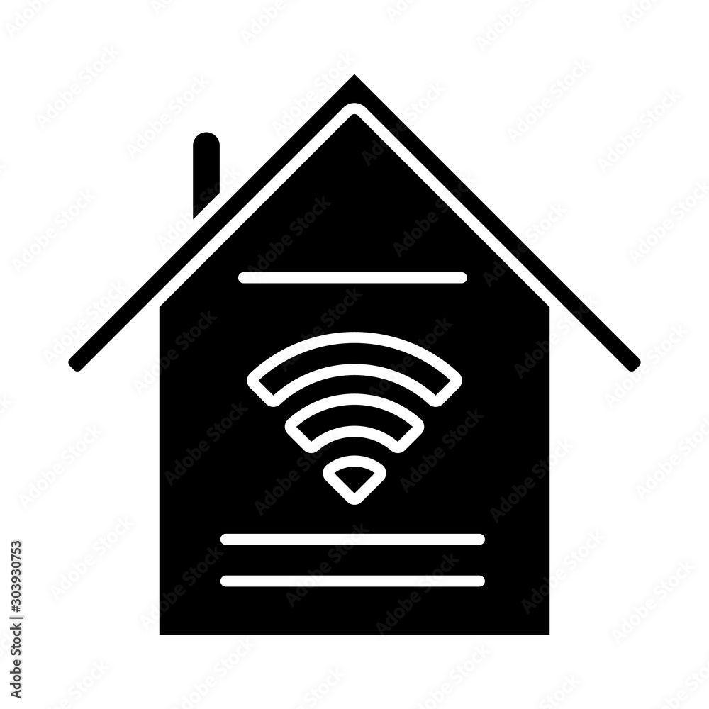 Smart home features glyph icon. Handle with domestic appliances via internet. Control household. Wi-Fi access indoors. Home automation. Silhouette symbol. Negative space. Vector isolated illustration